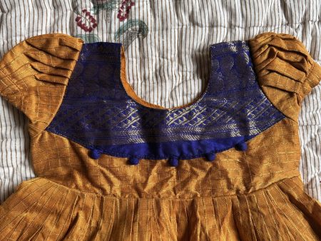 Ethnic pattu frock - silk cotton mustard yellow kattam For Sale