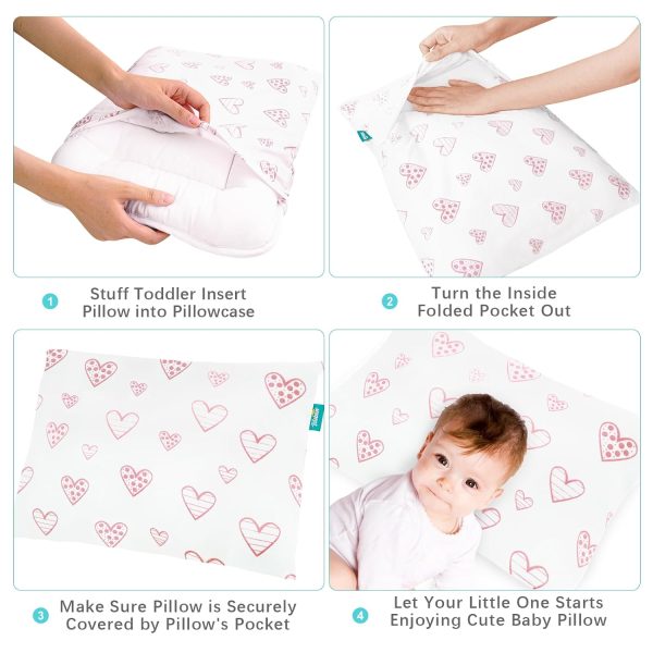 Toddler Pillow Quilted with Pillowcase - 2 Pack, 13  x 18 , 100% Cotton, Ultra Soft & Breathable, Pink Heart & Stripe Cheap