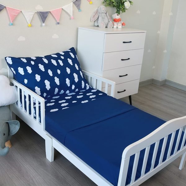 Toddler Bedding Set - 3 Pieces, Includes a Crib Fitted Sheet, Flat Sheet and Envelope Pillowcase, Soft and Breathable, Navy Cloud Sale