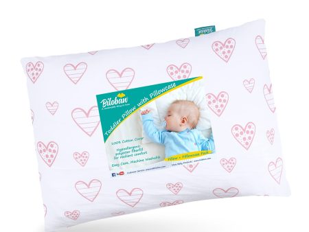 Toddler Pillow Quilted with Pillowcase - 13  x 18 , 100% Cotton, Ultra Soft & Breathable, Pink Heart Supply