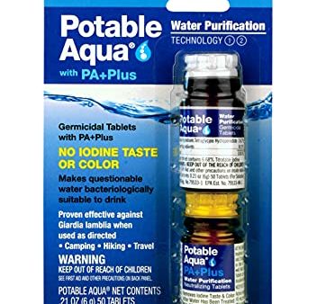 Potable Aqua Water Purification Tablets with PA Plus, Portable and Effective Solution for Camping, Hiking, Emergencies, Natural Disasters and International Travel, Two 50ct Bottles For Cheap