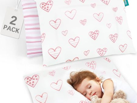 Toddler Pillow Quilted with Pillowcase - 2 Pack, 13  x 18 , 100% Cotton, Ultra Soft & Breathable, Pink Heart & Stripe Cheap